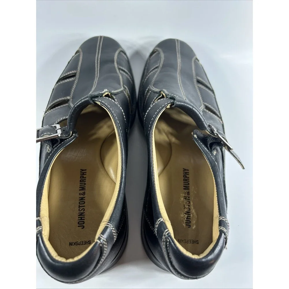 Johnston & Murphy Mens Sandals Size 10.5 Black Shoes Sheepskin Adjustable Strap